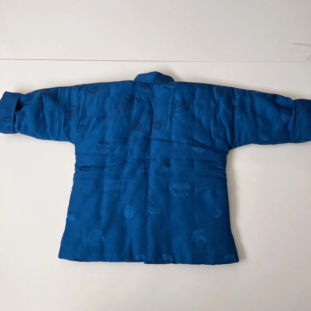Vintage 100% Silk Quilted Puffer Jacket Kids Toddler Teal Blue Asian Traditional